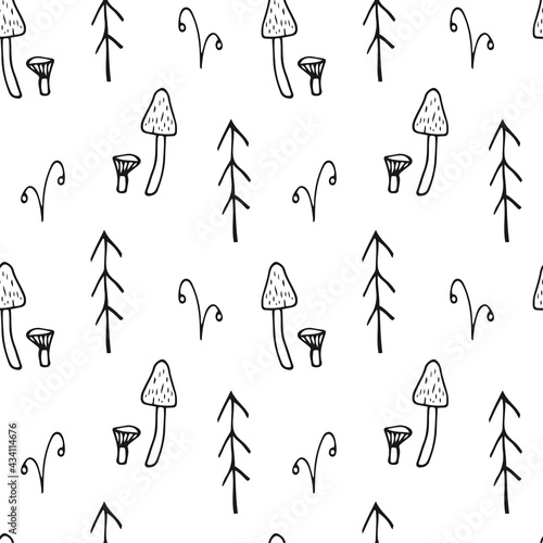 Seamless pattern in doodle style, hand drawn outline vector illustration with mushrooms, plant and abstract elements on white background.