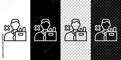 Set line Dismissed sad young man carrying box with his personal belonging leaving his job icon isolated on black and white, transparent background. Employee fired from work. Vector