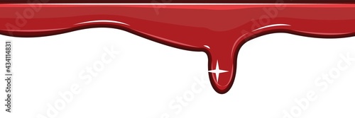 Red streaks of liquid. Cherry, plum or strawberry jam. Red paint runs off thickly. Custard. The drops slide. The isolated object on a white background. Frame. Vector