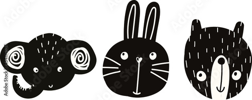 vector cute baby illustration with animal muzzles, scandinavian style