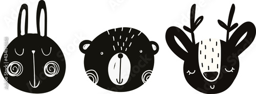 vector cute baby illustration with animal muzzles, scandinavian style