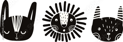 vector cute baby illustration with animal muzzles, scandinavian style