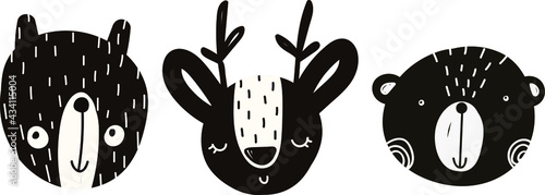 vector cute baby illustration with animal muzzles, scandinavian style