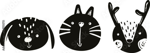 vector cute baby illustration with animal muzzles, scandinavian style
