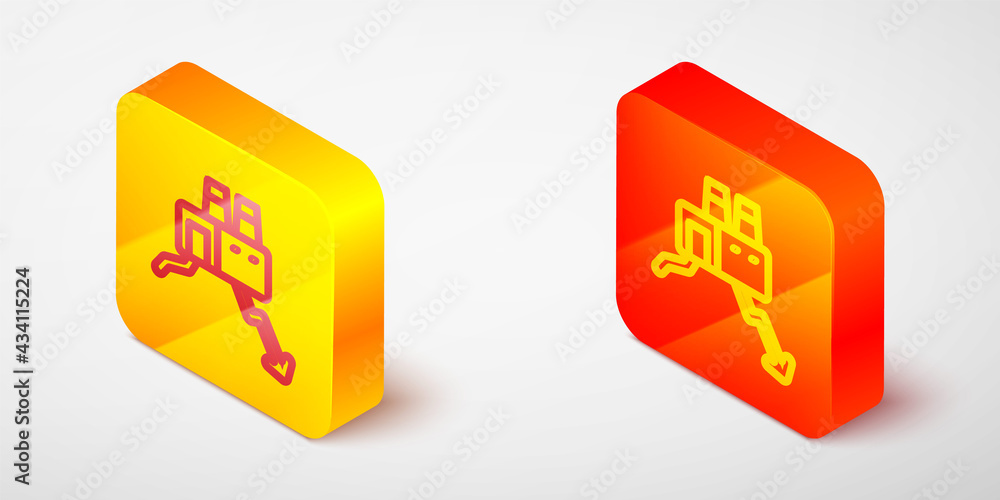 Isometric line Shutdown of factory icon isolated on grey background. Industrial building. Yellow and orange square button. Vector Isometric line Shutdown of factory icon isolated on grey background. Industrial building. Yellow and orange square button. Vector