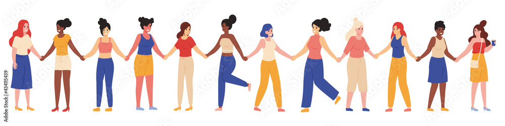 Female friends group. Young female diverse group, happy women stand together and hold hands vector illustration set. Women friends group Female friends group. Young female diverse group, happy women stand together and hold hands vector illustration set. Women friends group