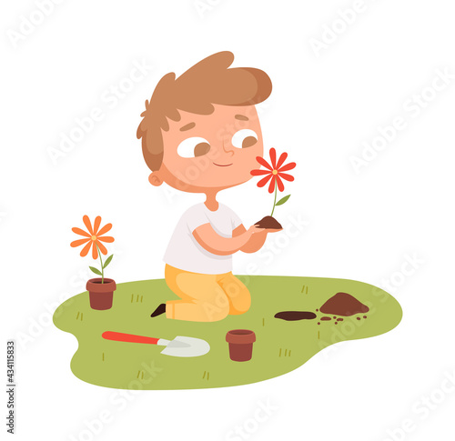 Flowers planting. Boy caring plants in garden. Cute cartoon baby replant flower from pot in ground vector illustration