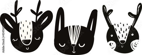 vector cute baby illustration with animal muzzles, scandinavian style
