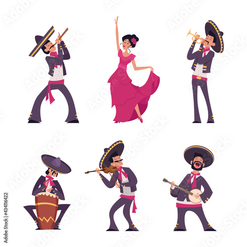Mexican characters. Traditional authentic hispanic mexican person male and female national clothes sombreros charros exact vector cartoon people