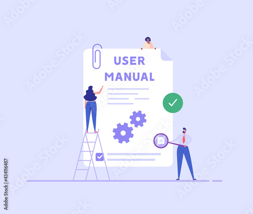 People read user manual book. Managers reading and writing guide instruction. Concept of customer guide, useful information, technical document. Vector illustration in flat design for UI, web banner photo