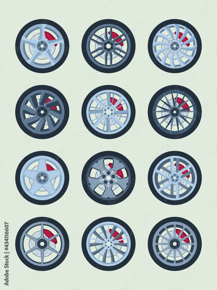 Brake pads for wheels. Wheels round forms steel modern rims garish vector illustrations set on white Brake pads for wheels. Wheels round forms steel modern rims garish vector illustrations set on white