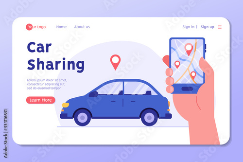 Hand holds the phone, search for a car for rent. Concept of car rental, car sharing, driver services, taxi, sober driver, smart car, technology, check, geolocation. Vector illustration in flat design