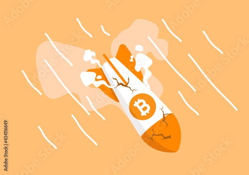 Bitcoin rocket crash flying down. Bitcoin price collapse, crypto currency volatility price roaring fast and fall down causing investor huge loss concept.