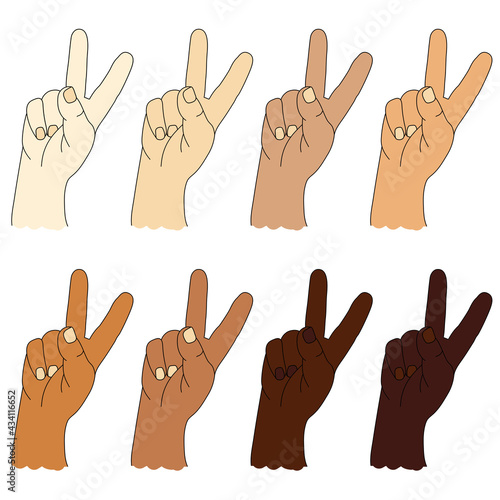 Collection of human ethnic hands with different skin color. Hand gesture - shows two fingers. Gesture number two or gesture V is victory. Vector drawing. Isolated on white background