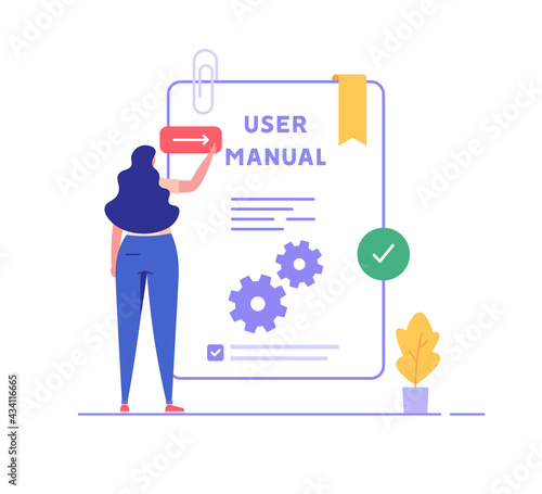 Woman read user manual book. Manager reading and writing guide instruction. Concept of customer guide, useful information, technical document. Vector illustration in flat design for UI, web banner