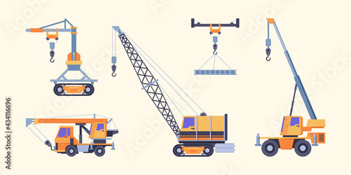 Cranes collection. Industrial loading machines for builders crane ropes with hook hoist vehicles garish vector transporters pictures