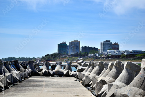 city skyline - View of Olimp resort from breakwater pier - Olimp, Mangalia, Constanta county, Dobrudja, Romania, Europe	