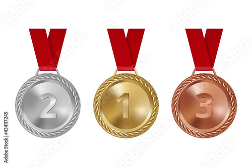 Sport medals. Set of bronze golden silver awards on red ribbons shiny achievement challenge prizes decent vector set isolated