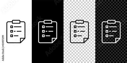 Set line Clipboard with checklist icon isolated on black and white, transparent background. Control list symbol. Survey poll or questionnaire feedback form. Vector