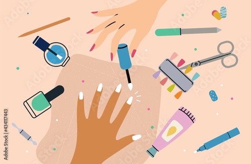 Manicure process. Female hand top view, nails swatches and professional tools. Beauty salon, cosmetics and woman hobby vector illustration