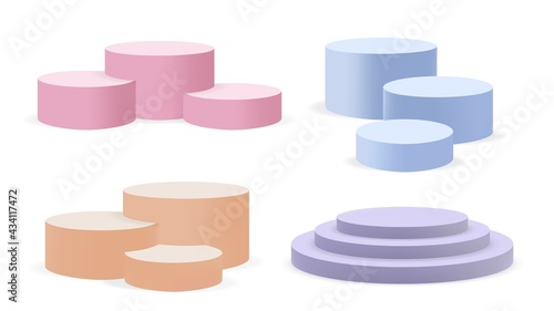 Pastel colors round stands. Realistic 3D pedestals, exhibition displays vector set