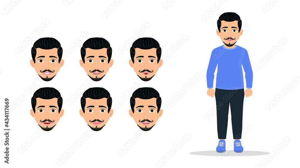 Set of male facial different expressions. Man character with different emotions. Emotions and body language concept illustration in vector cartoon style Set of male facial different expressions. Man character with different emotions. Emotions and body language concept illustration in vector cartoon style