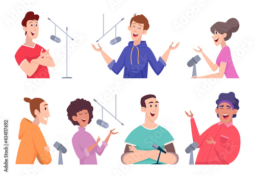 Podcast studio. Characters dialogue audio microphone interview headphones radio broadcast exact vector flat people in cartoon style
