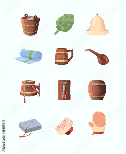 Russian sauna. Objects for bathing and relaxing broom hat spa items garish vector wooden sauna in cartoon style