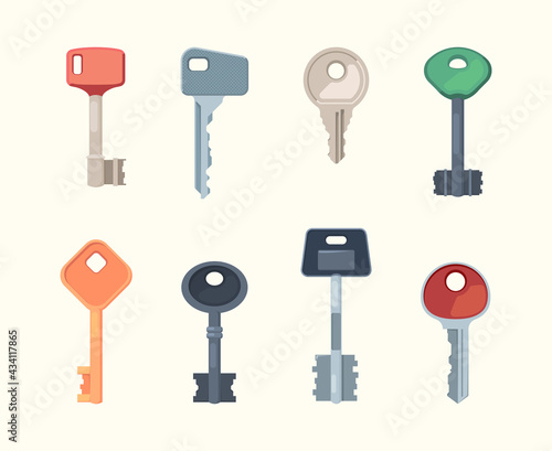 Keys collection. Steel and golden modern and retro keys safety home protection items security locks garish vector pictures set