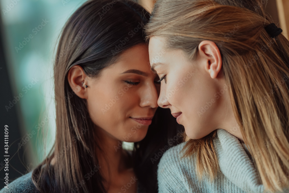Diverse friends girls lesbian couple hugging. Stylish cool generation z women dating in love enjoy romantic relationships Diverse friends girls lesbian couple hugging. Stylish cool generation z women dating in love enjoy romantic relationships