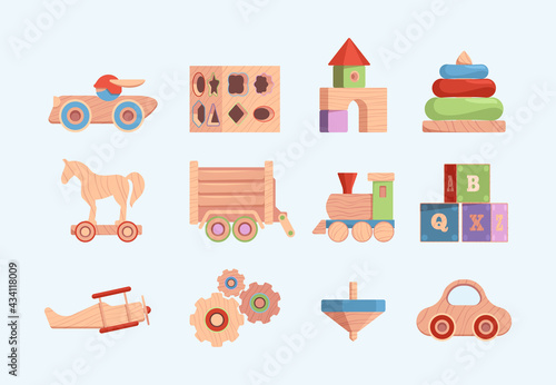 Old style wooden toy. Funny entertainments for kids vintage blocks cars soldiers garish vector illustrations set in flat style
