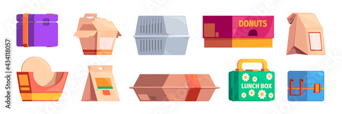 Lunch boxes. Food cardboard containers plastic packs fastfood garish vector pictures set isolated