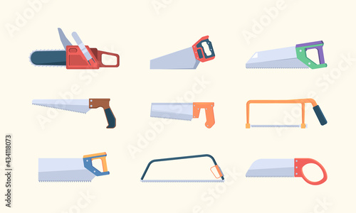 Sawmills items. Jigsaw metal circular and manual sawing garish vector flat collection