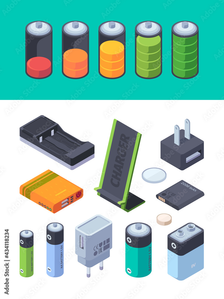 Charging stages. Battery levels for different gadgets power bank battery garish vector visualization isometric templates