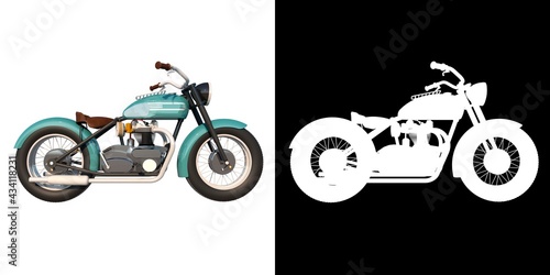 Fototapeta Naklejka Na Ścianę i Meble -  City urban motorcycle vitange 1950s 1- Lateral view white background alpha png 3D Rendering Ilustracion 3D