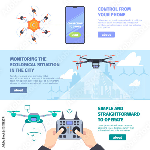 Drones banners. Cityscape surveillance flying smart robots delivery service helicopters with remote control garish vector cartoon templates