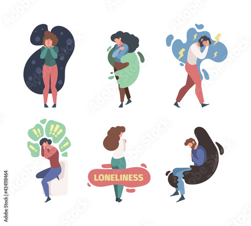 Mental problems characters. Scary psychology unhealthy persons bad feelings aloneness emotion rain in soul garish vector flat characters