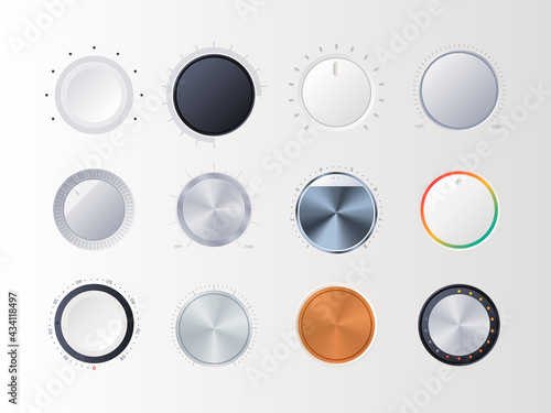 Round volume controllers. Radial amplifier indicators digital sound music tuner items garish vector collections