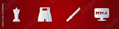 Set Award cup, Boxing short, Japanese katana and Fight club MMA icon. Vector