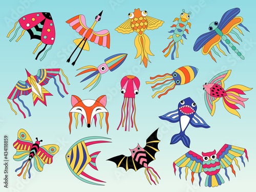 Kites animals. Flying colored kites for happy kids air attractions outdoor recent vector flat pictures