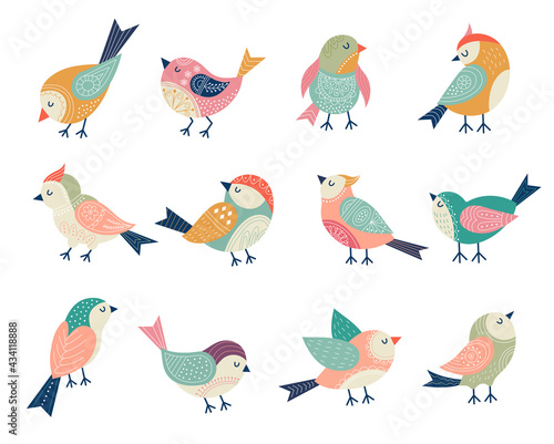Flying birds. Decorative folk stylized illustrations of birds recent vector floral decor