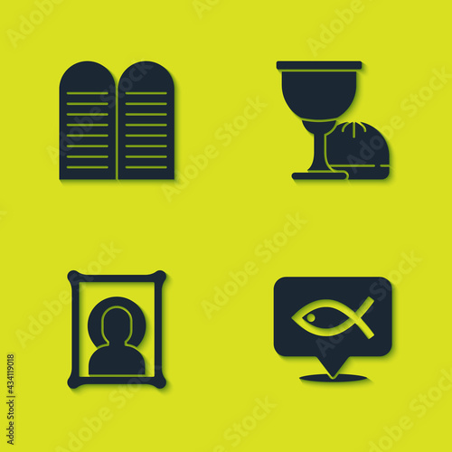 Set The commandments, Christian fish, icon and Holy grail or chalice icon. Vector