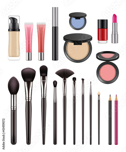 Makeup items. Brushes for beauty womans eyeshadows lipstick powder for luxury girls decent vector makeup realistic collection