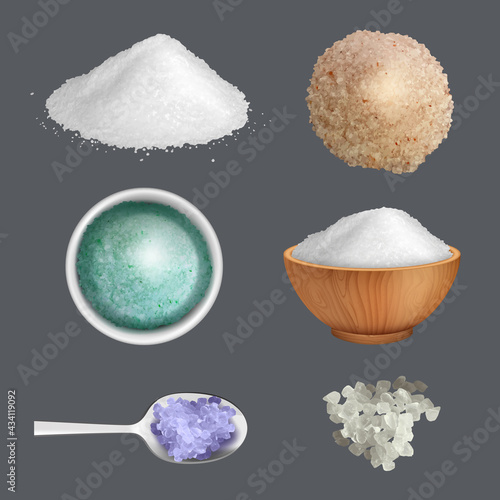 Salt realistic. Product ingredients for cuisine gourmet kitchen items for preparing food decent vector salt pictures set isolated