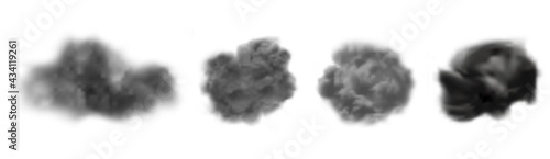 Ash clouds. Gray realistic smoke, isolated explosion cloud vector collection