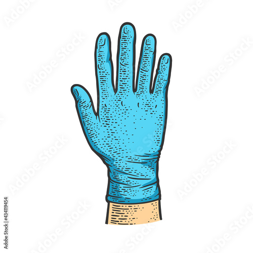 Hand in medical glove color sketch engraving vector illustration. T-shirt apparel print design. Scratch board imitation. Black and white hand drawn image.