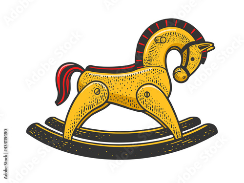 toy rocking horse color sketch engraving vector illustration. T-shirt apparel print design. Scratch board imitation. Black and white hand drawn image.
