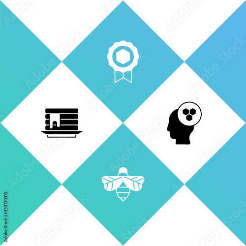 Set Stack of pancakes, Bee, Honey medal and Beekeeper icon. Vector