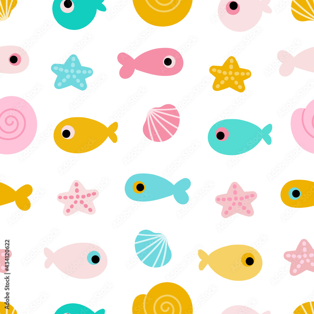 Seamless pattern with colored fish and shells. Marine print in a simple cartoon style. Children's summer textiles