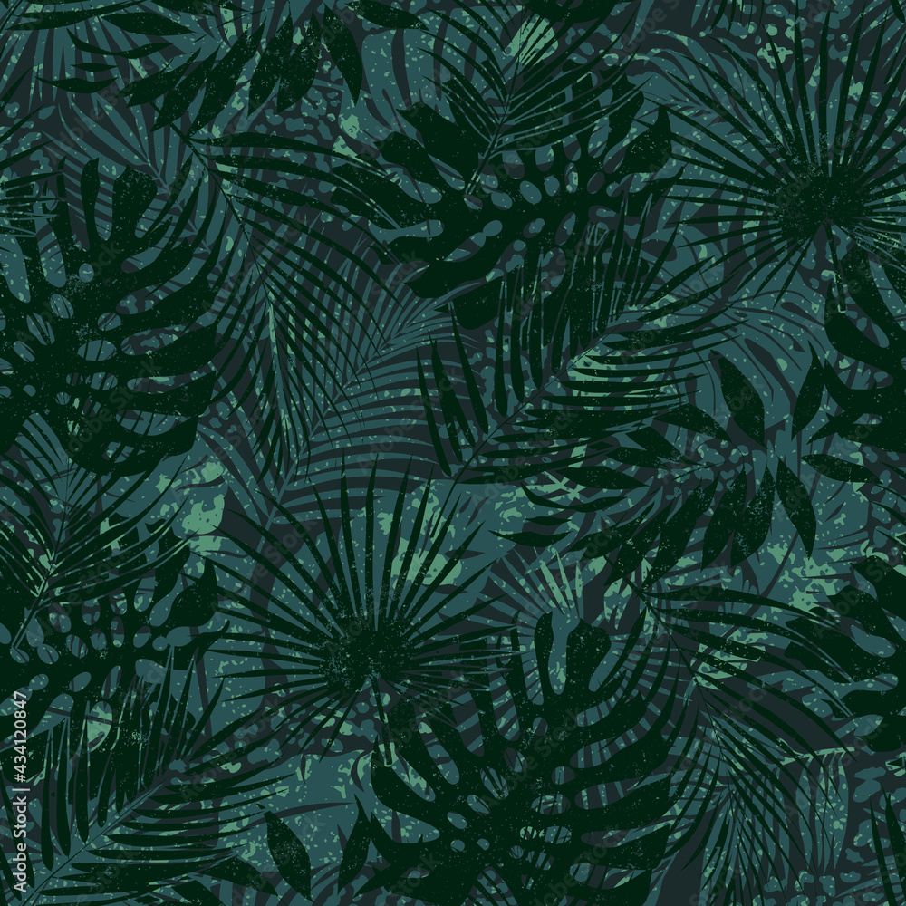 Tropical leaves grunge wallpaper abstract vector seamless pattern 